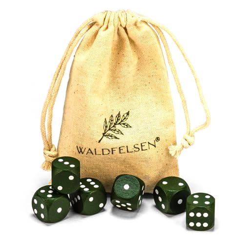 Waldfelsen 6, 12, 20, 30 oder 50 hochqualitative Holzwürfel aus echtem Buchenholz Augenwürfel Spielwürfel aus Holz in 16 mm Standardwürfel mit Stoffbeutel Würfelset (Moosgrün, 6 Stück) von Waldfelsen