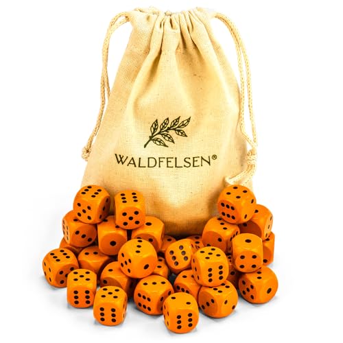 Waldfelsen 6, 12, 20, 30 oder 50 hochqualitative Holzwürfel aus echtem Buchenholz Augenwürfel Spielwürfel aus Holz in 16 mm Standardwürfel mit Stoffbeutel Würfelset (Orange, 30 Stück) von Waldfelsen