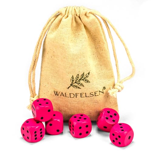 Waldfelsen 6, 12, 20, 30 oder 50 hochqualitative Holzwürfel aus echtem Buchenholz Augenwürfel Spielwürfel aus Holz in 16 mm Standardwürfel mit Stoffbeutel Würfelset (Pink, 6 Stück) von Waldfelsen