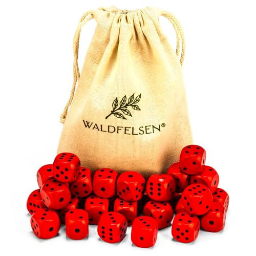 Waldfelsen 6, 12, 20, 30 oder 50 hochqualitative Holzwürfel aus echtem Buchenholz Augenwürfel Spielwürfel aus Holz in 16 mm Standardwürfel mit Stoffbeutel Würfelset (Rot, 30 Stück) von Waldfelsen