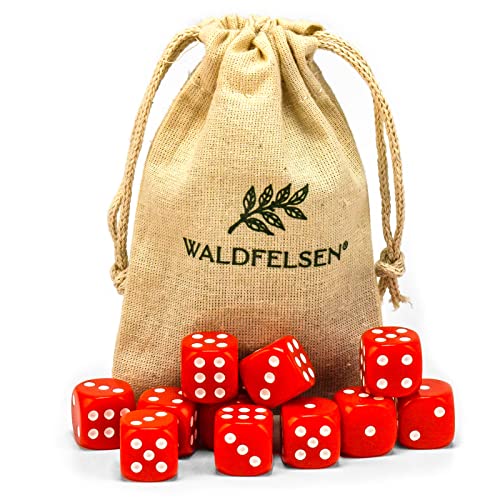 Waldfelsen 6, 12, 20, 30 oder 50 hochqualitative Würfel Standardgröße 16 mm Acrylwürfel Knobel Spielwürfel Dice 6-seitig sechsseitig Spielzubehör Set mit Stoffbeutel (Rot, 12 Stück) von Waldfelsen