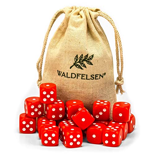 Waldfelsen 6, 12, 20, 30 oder 50 hochqualitative Würfel Standardgröße 16 mm Acrylwürfel Knobel Spielwürfel Dice 6-seitig sechsseitig Spielzubehör Set mit Stoffbeutel (Rot, 20 Stück) von Waldfelsen