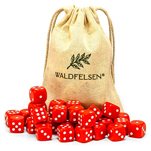 Waldfelsen 6, 12, 20, 30 oder 50 hochqualitative Würfel Standardgröße 16 mm Acrylwürfel Knobel Spielwürfel Dice 6-seitig sechsseitig Spielzubehör Set mit Stoffbeutel (Rot, 30 Stück) von Waldfelsen