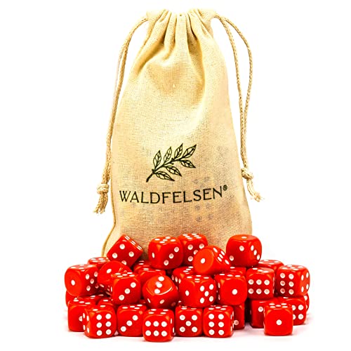 Waldfelsen 6, 12, 20, 30 oder 50 hochqualitative Würfel Standardgröße 16 mm Acrylwürfel Knobel Spielwürfel Dice 6-seitig sechsseitig Spielzubehör Set mit Stoffbeutel (Rot, 50 Stück) von Waldfelsen