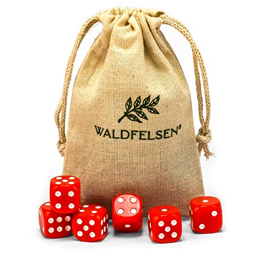 Waldfelsen 6, 12, 20, 30 oder 50 hochqualitative Würfel Standardgröße 16 mm Acrylwürfel Knobel Spielwürfel Dice 6-seitig sechsseitig Spielzubehör Set mit Stoffbeutel (Rot, 6 Stück) von Waldfelsen