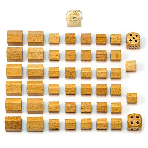 Waldfelsen® Spielfiguren aus Holz: 32 Blanko-Häuser, 12 Blanko-Hotels sowie Zwei Augenwürfel inkl. Stoffbeutel | Blanko-Spielmaterial von Waldfelsen