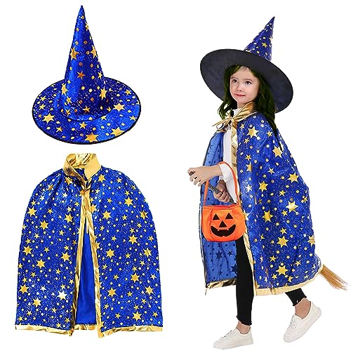 Waldspring Halloween Kürbis Mantel Hut Set, Zauberer Kostüm Kinder, Halloween Kostüm Kinder, Halloween Kinderkostüme für Halloween-Maskerade, Weihnachtsball-Cosplay, Bühnenauftritt (Blau) von Waldspring