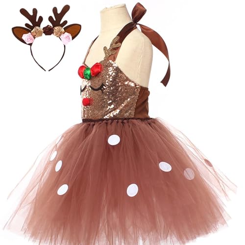 Walopola Kinder Elchkostüm, Weihnachten Faschingskostüm, Rentier Hirsch Prinzessin Tutu Dress Up Kostüm Set mit Geweih Stirnband Hirsch Kostüm für Mädchen Weihnachten Verkleidung Outfits für Kinder von Walopola