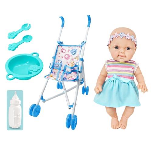 Walopola Kinderpuppen-Kinderwagen-Set, Kleinkindpuppe mit Kinderwagen - Esszimmerstuhl für Kleinkinder, Puppenzubehör für Kinder - 10-Zoll-Puppen-Rollenspielset mit Kinderwagenzubehör, weiche Puppen von Walopola