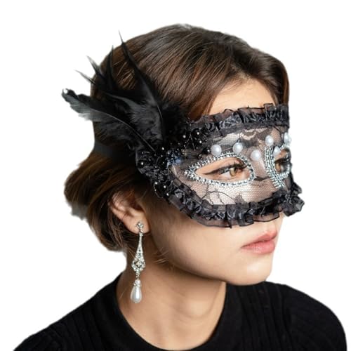 1 Stück Feder Spitze Perle Maskerade Maske Halbgesichtsmaske Maskerade Maske Damen Venezianische Maske Maskerade Ball Maske für Halloween Party Cosplay Rollenspielen Karneval,Schwarz von Wambere