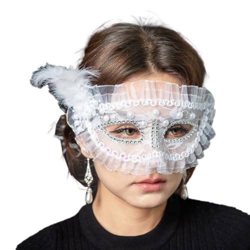 1 Stück Feder Spitze Perle Maskerade Maske Halbgesichtsmaske Maskerade Maske Damen Venezianische Maske Maskerade Ball Maske für Halloween Party Cosplay Rollenspielen Karneval,Weiß von Wambere