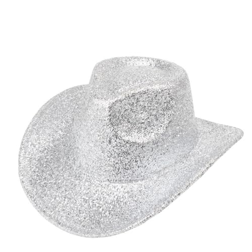 1 Stück Western Cowboyhut mit Pailletten Unisex Glitzer Kappe Bühnenpartyhut Vintage Breiter Krempe Jazzhut Partyhut für Abschlussball Bühnenperformance Disko Maskerade Festival,Silber von Wambere