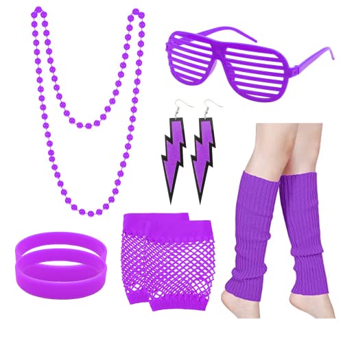 10 Stück 80er Jahre Accessoires für Damen, 80er Jahre Kostüm Zubehör Set mit Retro Neon Rosy Halskette Ohrring Brillen Armbänder Handschuhe Beinwärmer für Damen und Mädchen (lila) von WanderGo