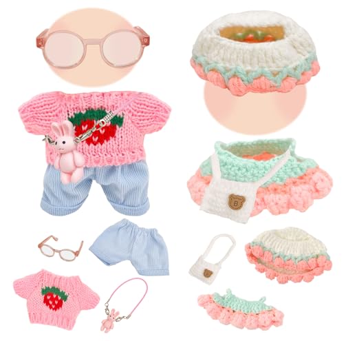 2 Set Kleidung für 17cm Puppe, Puppenkleidung Set mit Strickkleid, Hut, Umhängetasche + Erdbeer Pullover, Hose, Brille, Kaninchentasche, Zubehör Outfit für Plüsch Puppen (Ohne Puppe) 2 Set Kleidung für 17cm Puppe, Puppenkleidung Set mit Strickkleid, Hut, Umhängetasche + Erdbeer Pullover, Hose, Brille, Kaninchentasche, Zubehör Outfit für Plüsch Puppen (Ohne Puppe) von WanderGo
