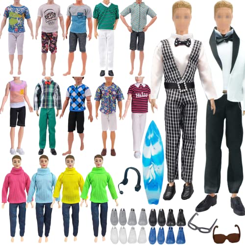 20 PCS Puppenkleidung kompatibel mit Ken Puppe Kleidung und Zubehör Set, einschließlich 1 Anzug in Random, 3 Tops 3 Hosen, 2 Pullover Hosen, 6 Schuhe, 1 Brille von WanderGo