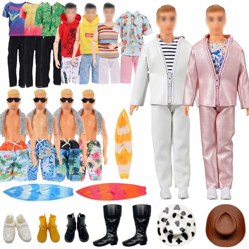 20-teiliges Puppenkleidungs-Set, kompatibel mit Ken Puppenkleidung und Zubehör, einschließlich 1 Anzug, 3 Oberteile, 3 Hosen, 1 Boardshorts, 10 Schuhe, 1 Brille, 1 Surfbrett und Zubehör (zufälliger von WanderGo