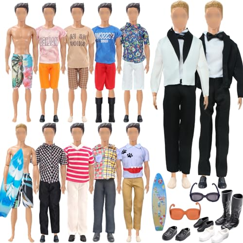 23 Pack of Clothes and Accessories Kompatibel mit Ken Dolls, Kleidung und Zubehör, Jungen Puppen 1 Anzug 5 Freizeitbekleidung Kleidung 5 Hosen 2 Badehose 4 Paar Schuhe 1 Sonnenbrille 1 Paddle Board von WanderGo