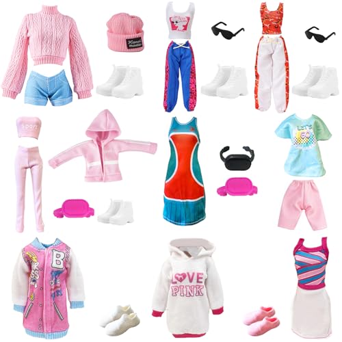 24 Stück Puppen Kleidung und Zubehör Kompatibel mit Barbie, Enthält 1 Trainingsanzug, 3 Kurzarm-Sets, 1 Tank-Top-Set, 10 Schuhe, 8 Accessoires Zufälliger Stil für 11.5 Zoll Mädchen Puppen von WanderGo