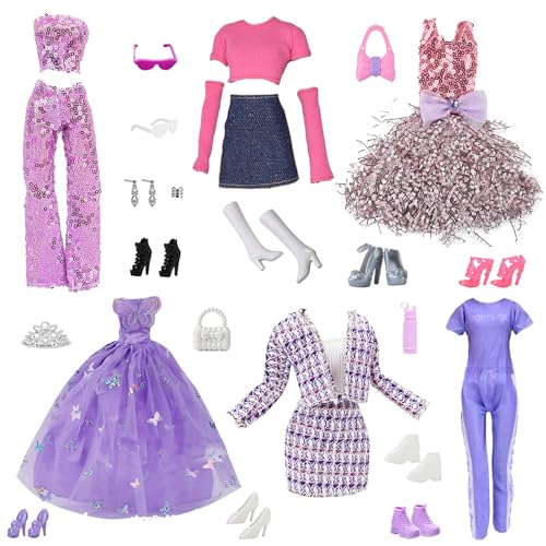 28 Puppen Kleidung, Fashion Kleidung und Zubehör für Puppen Pailletten Outfits Kleider 6-Teiliges Party Kleid 8 Paar Schuhe und Handtaschen Ohrringe Kronen Wasserflaschen für 11.5 Zoll Mädchen Puppen von WanderGo