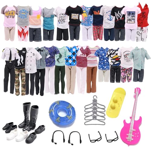 30 Pack of Clothes and Accessories Compatible with Ken doll, Kleidung und Zubehör 5 Freizeitbekleidung Kleidung 5 Hosen 4 Paar Schuhe 1 Schwimmräder 1 Gitarre 1 Surfbrett 2 Brillen 2 Kopfhörer von WanderGo