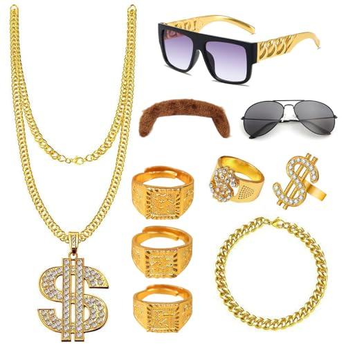 80er 90er Jahre Hip Hop Kostüm, 10Pcs Hippie Rapper Kostüm Zubehör mit 1 Gold Dollar Kette Halskette, 1 Armband, 5 Ringe, 2 Sonnenbrille, 1 Schnurrbart, Goldgräber Kostüm für Karneval Party von WanderGo