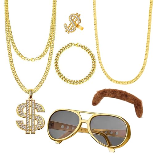 80er 90er Jahre Hip Hop Kostüm, 6 Stück Hippie Gold Bagger Kostüm Set mit 2 Kettenhalsketten, 1 Armband, 1 Ring, 1 Sonnenbrille, 1 Schnurrbart, Rapper Kostüm Zubehör für Punk Karneval Party von WanderGo