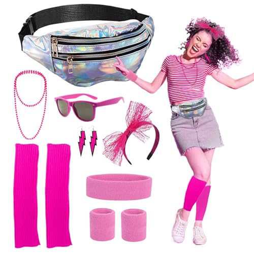 80er Jahre Kleidung Damen Accessoires, 90 Jahre Outfit Damen mit Silberne Laser-Bauchtasche, Rosa BeinwäRmer, ArmbäNder, Stirnband, Ohrringe, Halskette, Sonnenbrille für Party Fasching Karneval von WanderGo