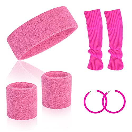 80er Jahre Stirnband und Armband-Set, neonrosa Beinstulpen Set mit Schweißband Ohrringe Laufstrick Retro Kostüm 80er Jahre Frauen Accessoires für Mädchen Damen 1980er Jahre Mottoparty Dekor Outfit von WanderGo