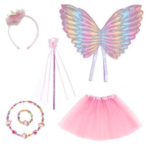 Feenflügel für Kinder, 6-teiliges Feenkostüm für Mädchen mit Schmetterlingsflügeln, Feenstab, rosa Tutu, Krone, Haarband, Einhorn-Halskette, Armband, Feenflügel und Zauberstab, Verkleidung für Mädchen von WanderGo