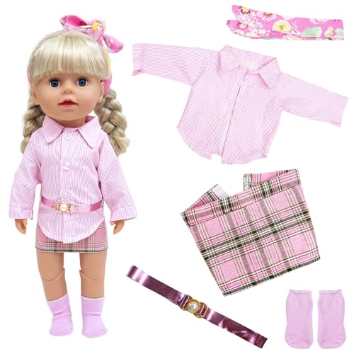 Puppenkleidung für 35-45 cm/14-18 Zoll Baby Puppen New Born, 5-teiliges Puppenkleider mit Rosa Gestreiftem Hemd, Kariertem Rock, Socken, Blumenhaarband, Gürtel Puppenkleidung für 35-45 cm/14-18 Zoll Baby Puppen New Born, 5-teiliges Puppenkleider mit Rosa Gestreiftem Hemd, Kariertem Rock, Socken, Blumenhaarband, Gürtel von WanderGo