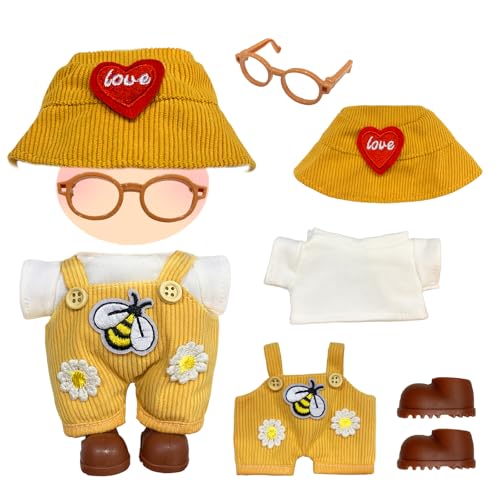 5 Stück Puppenkleidung Set für 17 cm Plüschpuppe, Bekleidung Puppe Kleidung mit Gelber Bienen-Overall, Hut, Braune Brille, Weißes T-Shirt, Schuhe für Jungen Mädchen Geschenke (Ohne Puppe) 5 Stück Puppenkleidung Set für 17 cm Plüschpuppe, Bekleidung Puppe Kleidung mit Gelber Bienen-Overall, Hut, Braune Brille, Weißes T-Shirt, Schuhe für Jungen Mädchen Geschenke (Ohne Puppe) von WanderGo