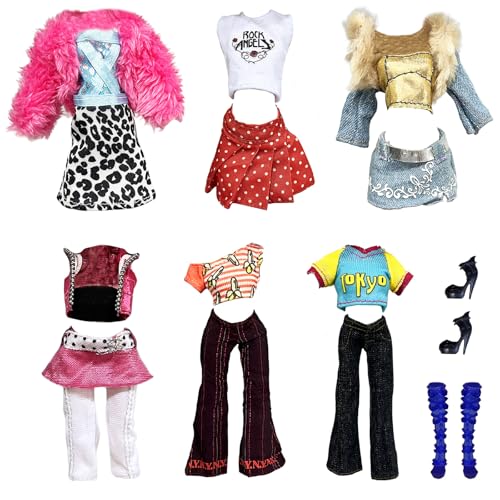 6er Set Puppenkleidung für 28cm Modepuppen – kompatibel mit Puppen im Monster-Stil, Gothic Plüsch-Rock/Kurzarm-Hose/Weste Rock/Jacke Hosenrock-Set(Ohne Puppe) 6er Set Puppenkleidung für 28cm Modepuppen – kompatibel mit Puppen im Monster-Stil, Gothic Plüsch-Rock/Kurzarm-Hose/Weste Rock/Jacke Hosenrock-Set(Ohne Puppe) von WanderGo