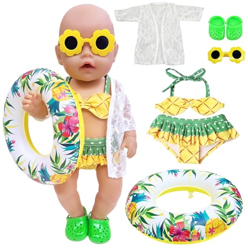 WanderGo 5 Stück Schwimm-Set für Puppen Badeanzug Puppen Set Ananas-Design Puppenkleidung Sommer mit Sonnenanzug, Schwimmring und EIN Paar Schuhe und Sonnenbrille für 35 - 45 cm Schwimmpuppe WanderGo 5 Stück Schwimm-Set für Puppen Badeanzug Puppen Set Ananas-Design Puppenkleidung Sommer mit Sonnenanzug, Schwimmring und EIN Paar Schuhe und Sonnenbrille für 35 - 45 cm Schwimmpuppe von WanderGo