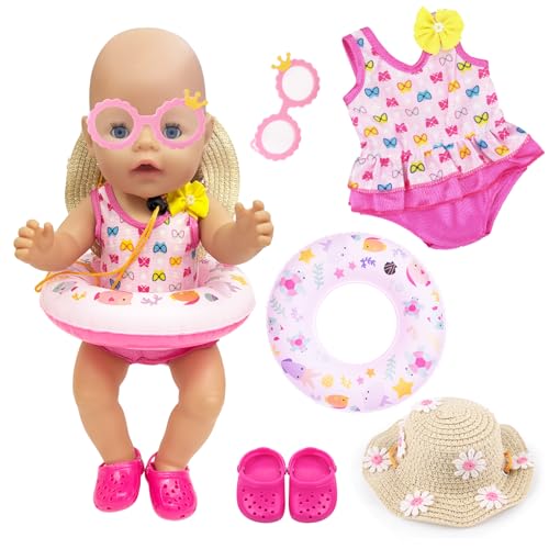 WanderGo Schwimm-Set für Puppen, 5 Stück Badeanzug Puppen Set Rosa Puppenkleidung Sommer Schwimmset für Puppen mit Hut, Schwimmring, Schuhe und Sonnenbrille für 35-45 cm Schwimmpuppe WanderGo Schwimm-Set für Puppen, 5 Stück Badeanzug Puppen Set Rosa Puppenkleidung Sommer Schwimmset für Puppen mit Hut, Schwimmring, Schuhe und Sonnenbrille für 35-45 cm Schwimmpuppe von WanderGo