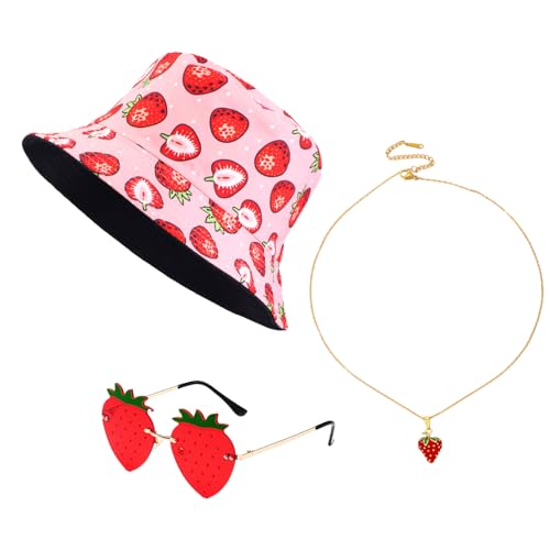 WanderGo 3 Stück Erdbeer Kostüm Set Erdbeer Fischerhut Anglerhut + Erdbeerbrille und Halskette mit Anhänger Apero Festival Fasching für Karneval Cosplay Kostüme Accessoires WanderGo 3 Stück Erdbeer Kostüm Set Erdbeer Fischerhut Anglerhut + Erdbeerbrille und Halskette mit Anhänger Apero Festival Fasching für Karneval Cosplay Kostüme Accessoires von WanderGo