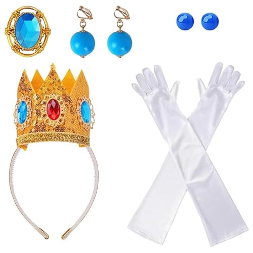 Prinzessin Peach Kostüm, 8 Stück Prinzessin Kostüme Set, Peach Princess Costume mit Krone, Brosche, 4 Ohrringen, 2 Handschuhe für Halloween, Geburtstagsfeier, Cosplay Dress Up, MäDchen Dekoration von WanderGo