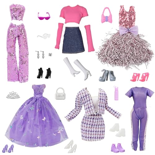 WanderGo Puppenkleidung für Puppen, kompatibel mit Barbie-Partykleidern, 6 Outfits, 8 Paar Schuhe, 2 Handtaschen und Schmuckzubehör für 29,2 cm große Puppen, Lila, 28 Stück von WanderGo