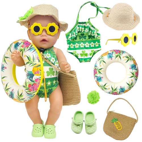 WanderGo Schwimmset für Puppen 35–45 cm, 7 Stück Puppenkleidung Sommer Kleeblatt Badeanzug mit Schwimmring, Sonnenhut, Schuhe, Haarnadel, Sonnenbrille & Ananastasche – Sommer-Outfit für Wasserspaß WanderGo Schwimmset für Puppen 35–45 cm, 7 Stück Puppenkleidung Sommer Kleeblatt Badeanzug mit Schwimmring, Sonnenhut, Schuhe, Haarnadel, Sonnenbrille & Ananastasche – Sommer-Outfit für Wasserspaß von WanderGo