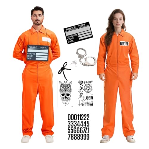 WanderGo Sträfling Kostüm Herren Damen, Prisoner Overall Kostüm Orange Gefangener Jumpsuit 7-teilig mit Handschellen, Namensschild, Tattoos für Erwachsene Halloween Karneval WanderGo Sträfling Kostüm Herren Damen, Prisoner Overall Kostüm Orange Gefangener Jumpsuit 7-teilig mit Handschellen, Namensschild, Tattoos für Erwachsene Halloween Karneval von WanderGo