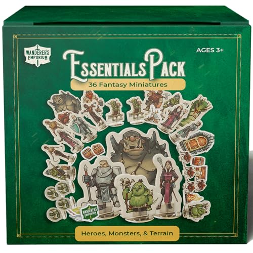 Wanderers Emporium Harte flache DND-Miniaturen mit Basen | Dungeons and Dragons Starterset 5e Minifiguren, Bauern, Standees, Spielsteine (Essentials Pack, 36, Miniaturen) von Wanderers Emporium