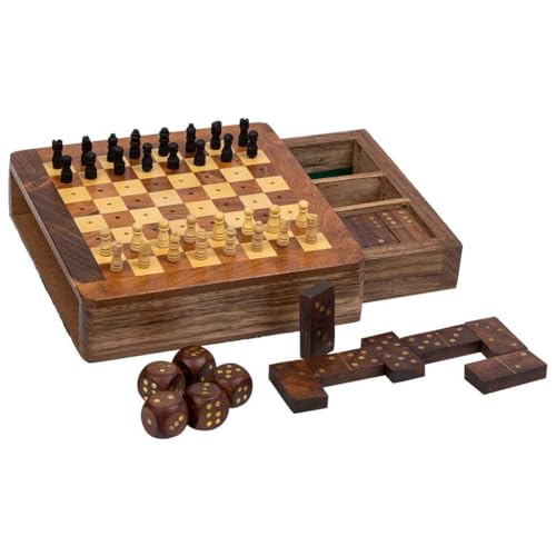 Wanderlust deco 3-in-1-Spiel (Schach + Domino + Würfel) in brauner Holzbox, 15,5 x 16 x 3 cm. von Wanderlust deco