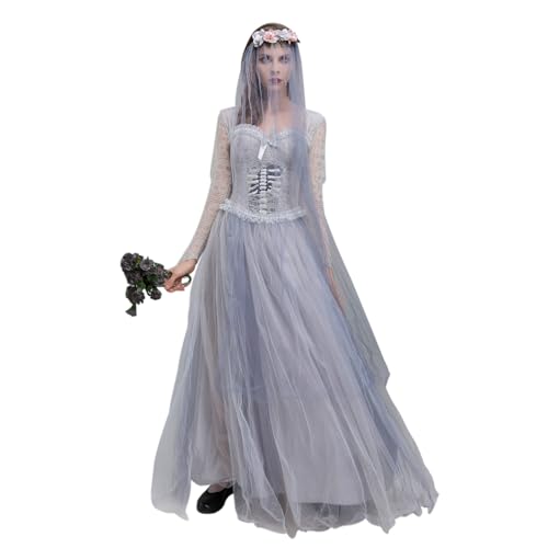 WangsCanis Horror Zombie Braut Kostüm Halloween Geist Zombie Damen Cosplay Vampir Braut Wange Festival Kleid Unregelmäßig (Grau, S) von WangsCanis