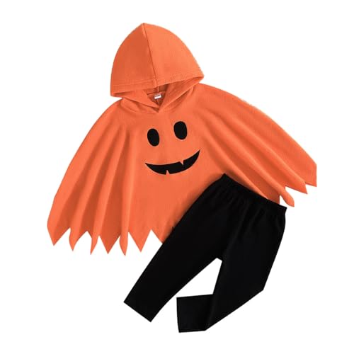 WangsCanis Unisex Kinder Halloween Bekleidungsset 2pcs Geisteraufdruck Kapuzenumhang Schwarz Hose Jungen Mädchen Allerheiligen Orange Phantom Poncho Set 0-5 Jahre (Orange, 3-4 Jahre) von WangsCanis