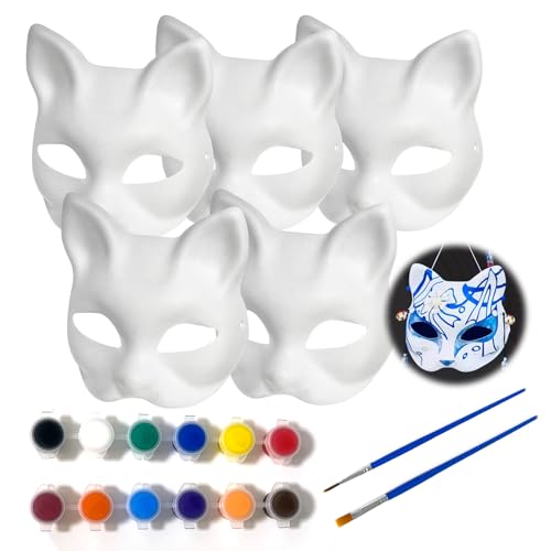 Wanheart 5 Stücke leere Katzenmaske，DIY Therian Mask Weiß，mit 12 Farben, 2 ml Farbe und 2 Pinseln， Kinder Bemalen Maskefür Halloween Rollenspiele, Singles Partys, Tänze, Karneval von Wanheart