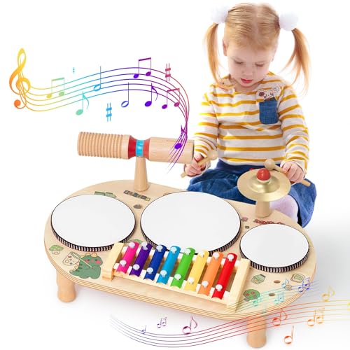 Schlagzeug Kinder, 8 In 1 Kinder Trommel Set, Musikspielzeug Musikinstrumente mit Xylophon, Holz Montessori Spielzeug für Jungen und Mädchen von Wanlola