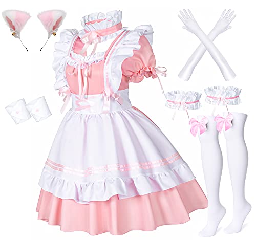 Anime French Maid Schürze, Lolita, Faschingskostüm, Cosplay Kostüm, pelzige Katze, Ohren, Handschuhe, Socken-Set, rose, Medium von Wannsee