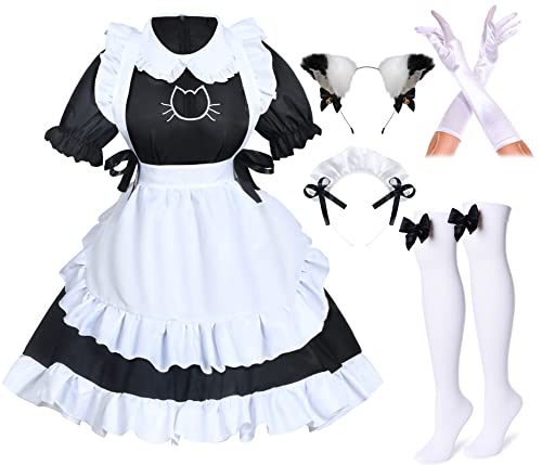 Anime Französische Katze, Dienstmädchen, Schürze, Cosplay, Kostüm, Kopfbedeckung, Handschuhe, Socken, Set (Schwarz, XL) von Wannsee