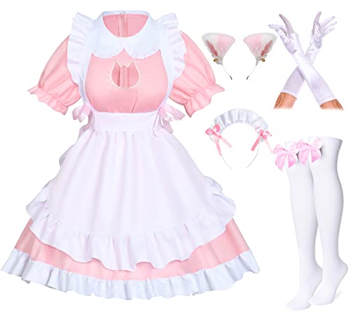 Anime Französische Katze, Dienstmädchen, Schürze, Cosplay, Kostüm, Kopfbedeckung, Handschuhe, Socken, Set (Rosa, Größe 2XL) von Wannsee