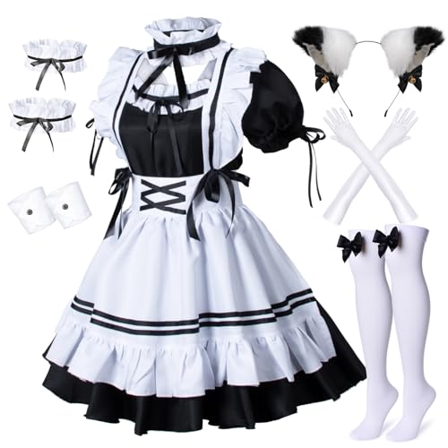 Anime French Maid Schürze, Lolita, Faschingskostüm, Cosplay Kostüm, pelzige Katze, Ohren, Handschuhe, Socken-Set, schwarz-weiß, 4X-Large von Wannsee