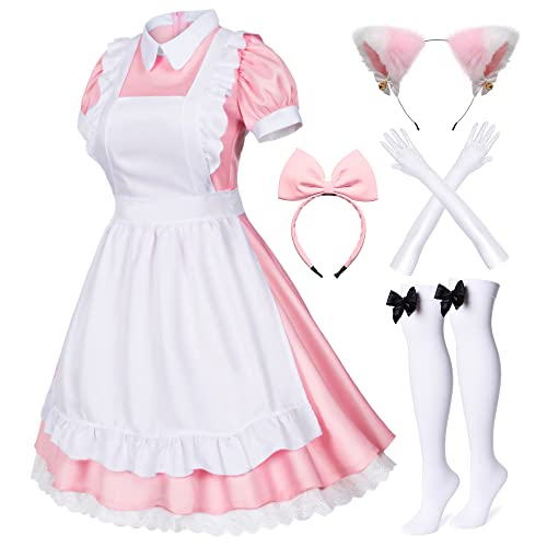 Wannsee Japanisches Anime, Lolita, französische Dienstmädchen, Schürze, Kostüm, Cosplay, Kostüm, Handschuhe, Kopfbedeckung, Socken, Set (Rosa, Übergröße 4XL) von Wannsee